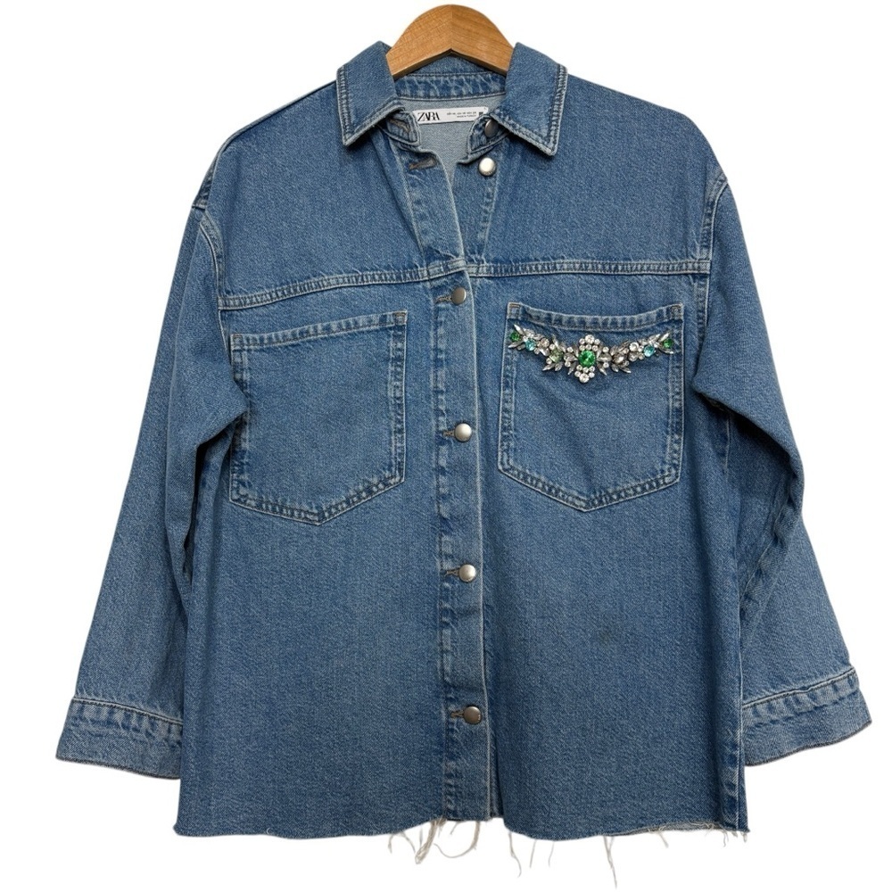 Zara Jean Jacket Rhinestones Raw Hem Streetwear Size Small Feminine Chic - Picture 8 of 15